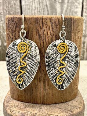 Antique Silver Leaf Drop Earrings with Gold Swirl